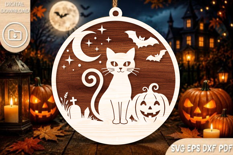 Halloween Black Cat Round Ornament SVG