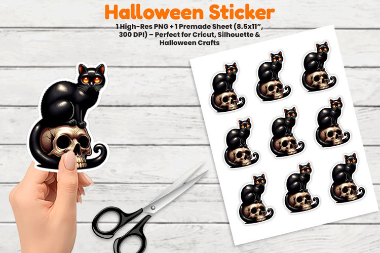 Halloween Black Cat Skull Sticker Sublimation Design PNG