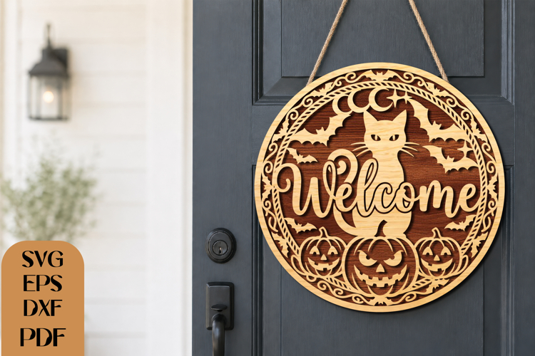 Halloween Black Cat Welcome SVG Laser Cut File