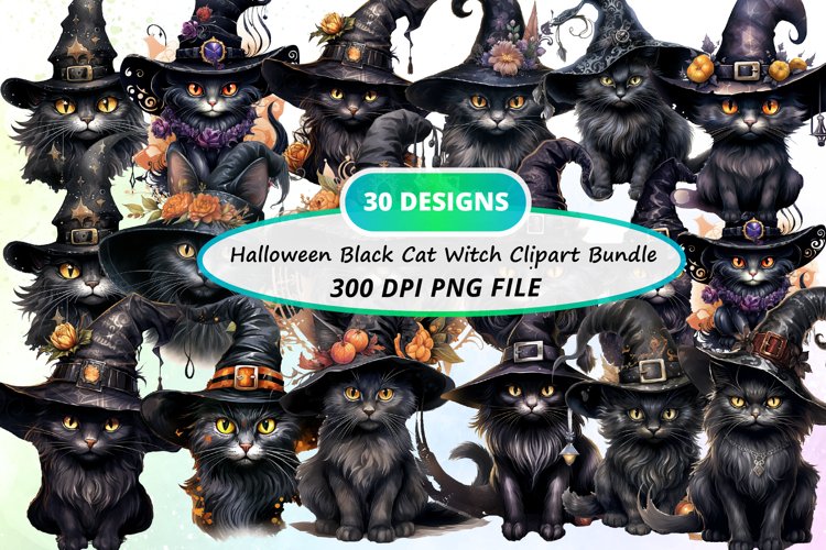 Halloween Black Cat Witch Sublimation Clipart Bundle