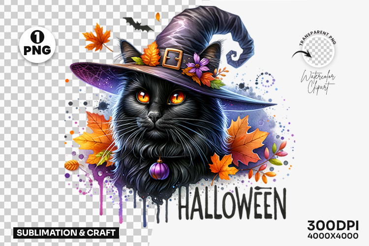 Halloween Black Cat Witch Hat Clipart PNG, Halloween Cat PNG