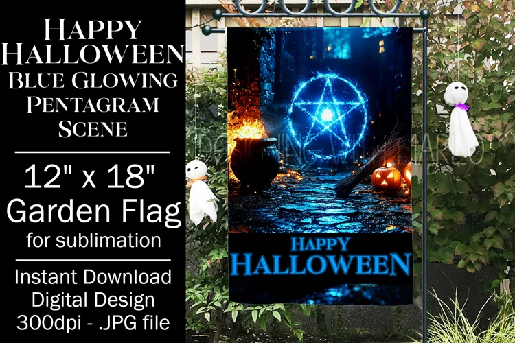 Halloween Garden Flag, Happy Halloween Blue Pentagram, d1