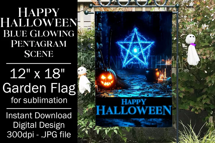 Halloween Garden Flag, Happy Halloween Blue Pentagram, d2