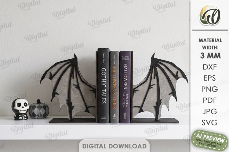 Halloween Bat Bookend Laser Cut. Gothic Bookshelf Decor SVG example image 1