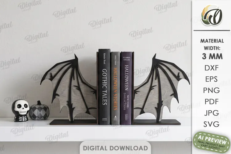 Halloween Bat Bookend Laser Cut. Gothic Bookshelf Decor SVG