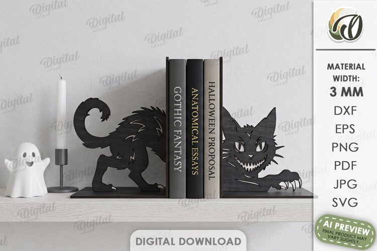 Halloween Bookend Laser Cut. Bookshelf Decor. Black Cat SVG example image 1