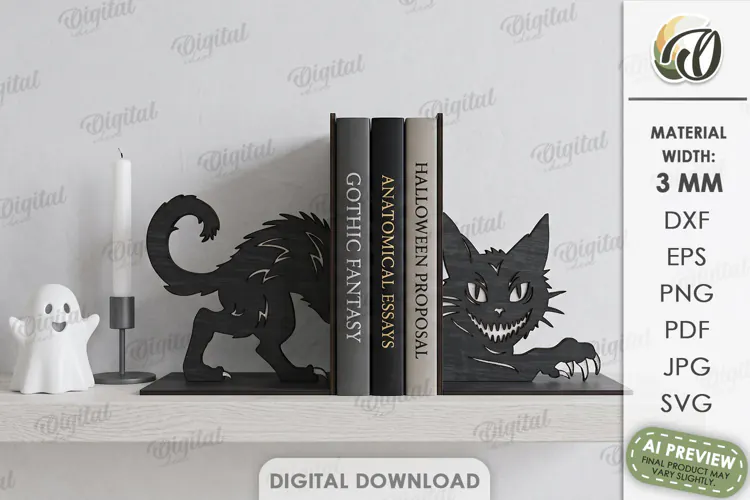 Halloween Bookend Laser Cut. Bookshelf Decor. Black Cat SVG