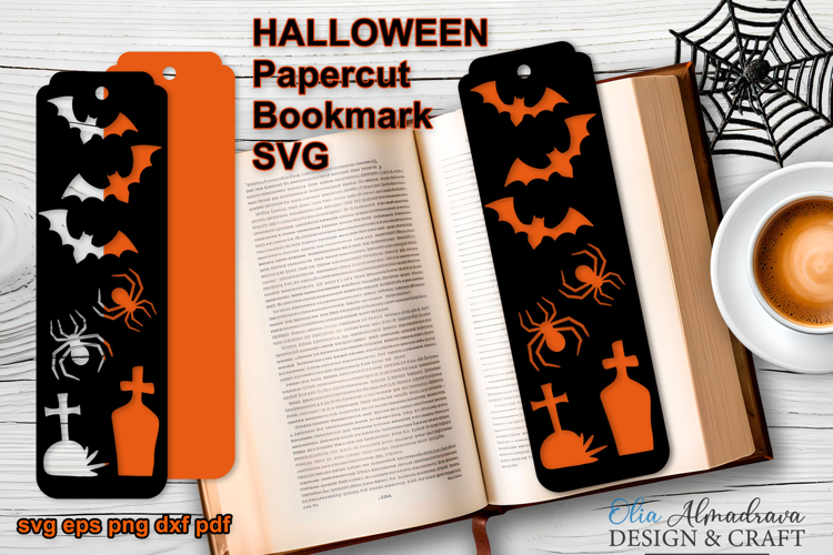 HALLOWEEN Bookmark Papercut Template Svg|Bookmark Bats Grave