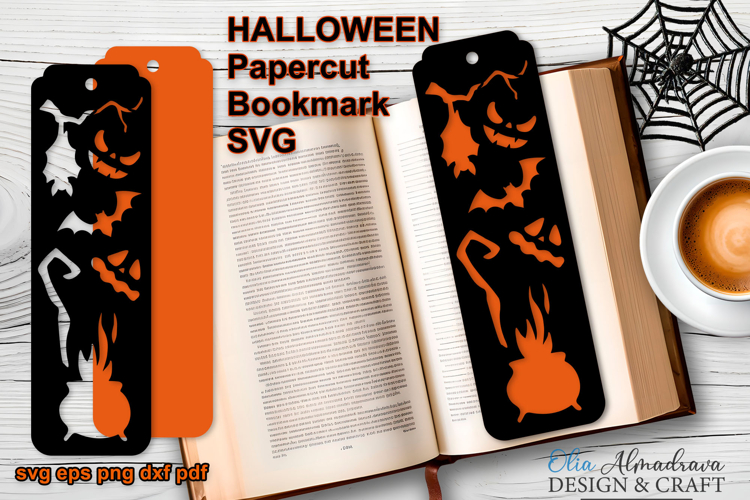 HALLOWEEN Bookmark Papercut Template Svg|Bookmark Witch Bats