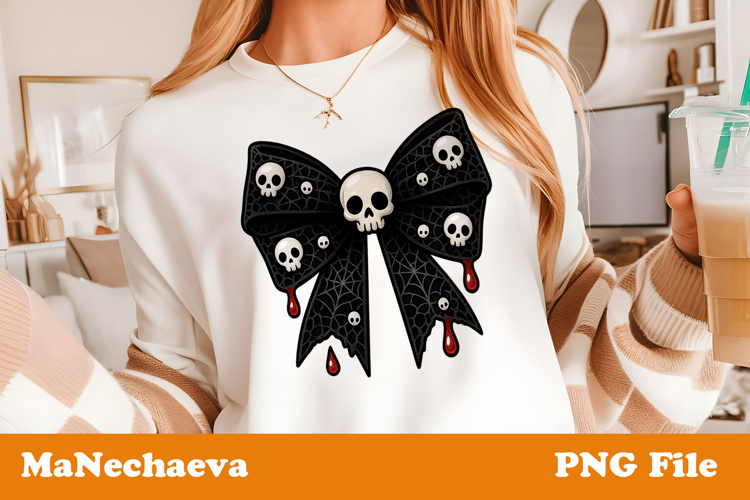 Coquette Halloween Bow T Shirt Design | Skull Blood Clipart