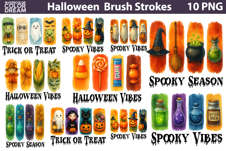 Watercolor Halloween Brush Strokes | Spooky Season Clipart