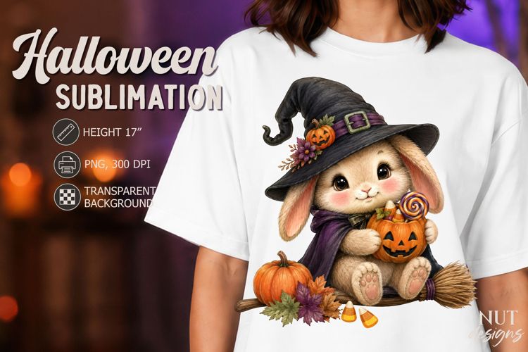 Cute Baby Bunny Halloween clipart pumpkin Witch and Broom