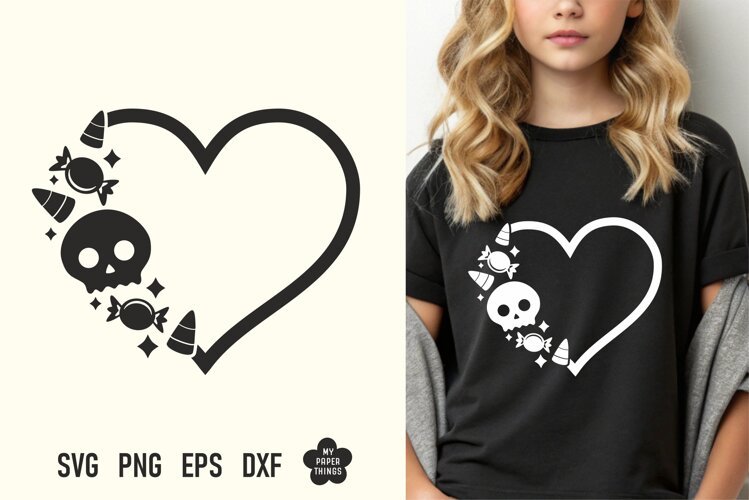 Halloween candy skull heart SVG cut file featuring a heart outline with a skull, candy corn, and candies on a black t-shirt mockup