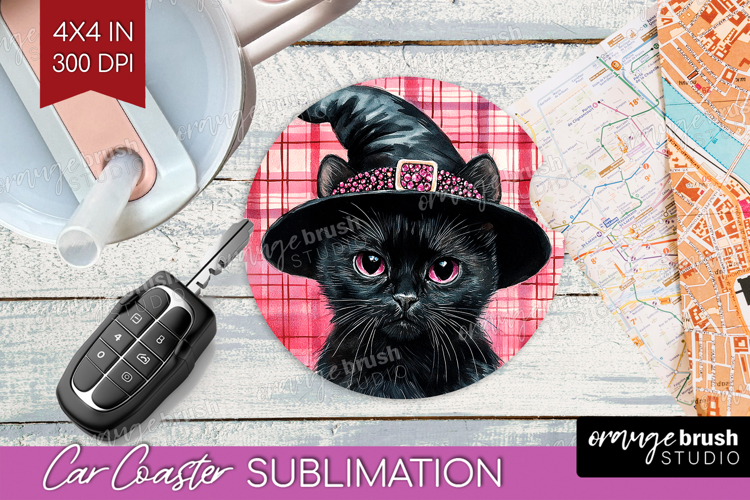 Halloween Cat Car Coaster - Witch Hat Coaster PNG