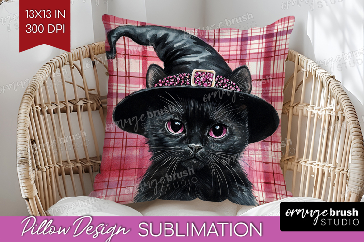 Halloween Cat Pillow Sublimation - Witch Hat Pillow Cover