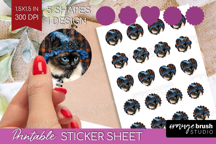 Halloween Cat Round Sticker - Witch Hat Printable Sticker