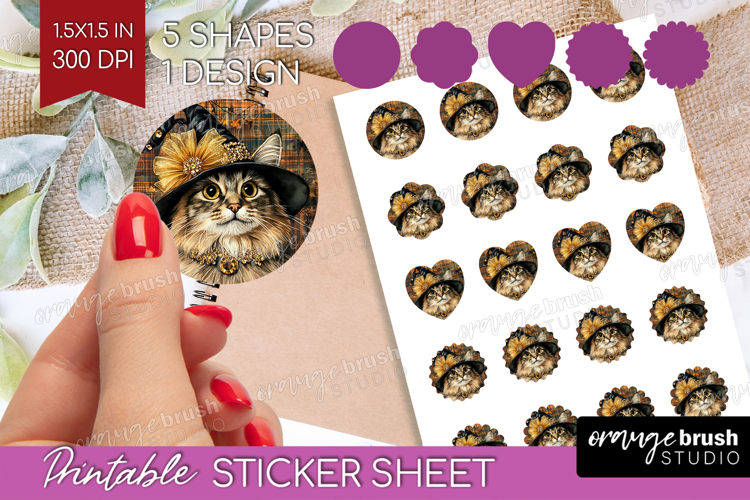 Halloween Cat Round Sticker - Witch Hat Printable Sticker