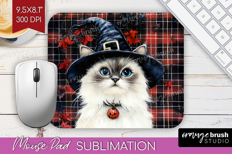 Halloween Cat Mouse Pad Sublimation - Witch Hat Mousepad PNG