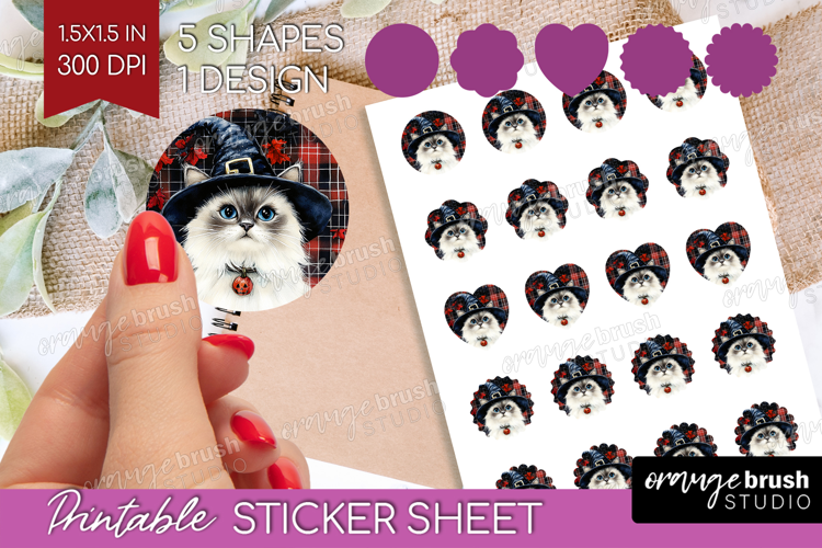 Halloween Cat Round Sticker - Witch Hat Printable Sticker