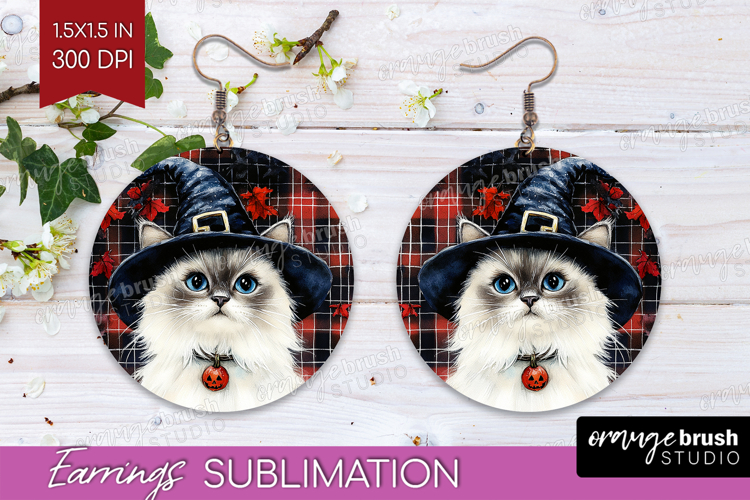Halloween Cat Round Earrings - Witch Hat PNG Sublimation