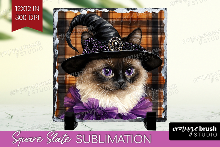 Halloween Cat Slate PNG - Witch Hat Square Slate Sublimation