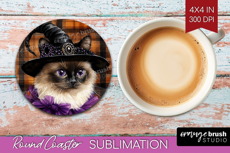 Halloween Cat Round Coaster - Witch Hat Coaster PNG