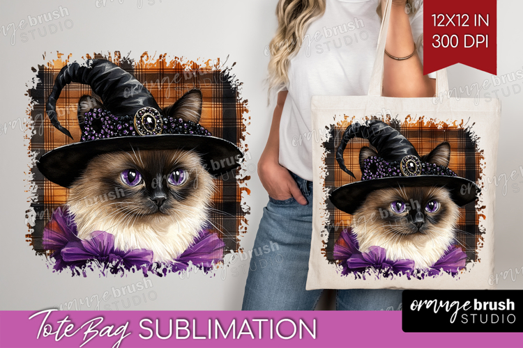 Halloween Cat Tote Bag - Witch Hat Tote Bag PNG Sublimation