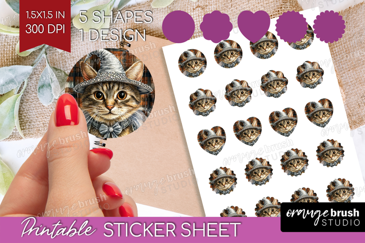 Halloween Cat Round Sticker - Witch Hat Printable Sticker