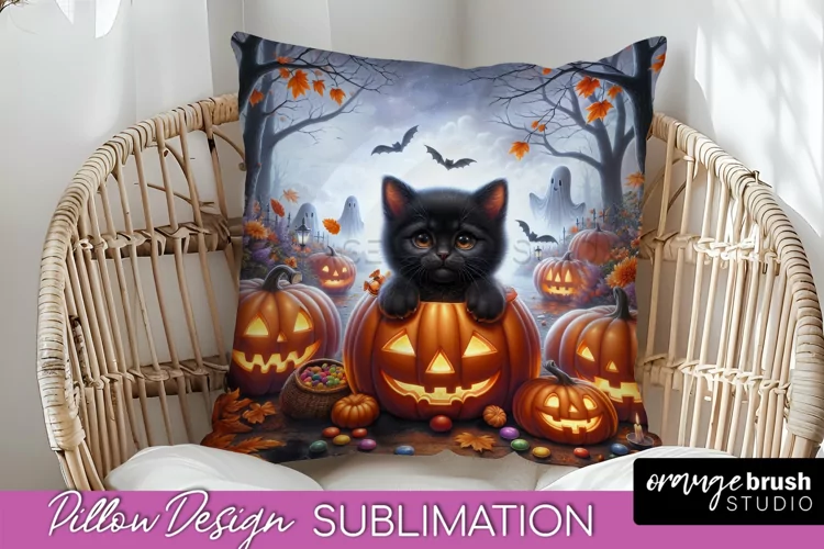 Black Cat Pillow Cover - Cute Halloween Pillow Sublimation