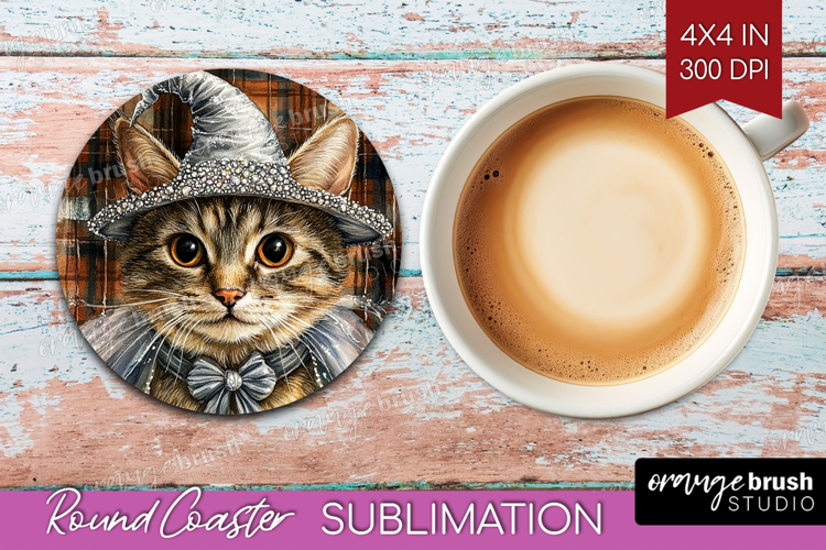 Halloween Cat Round Coaster - Witch Hat Coaster PNG