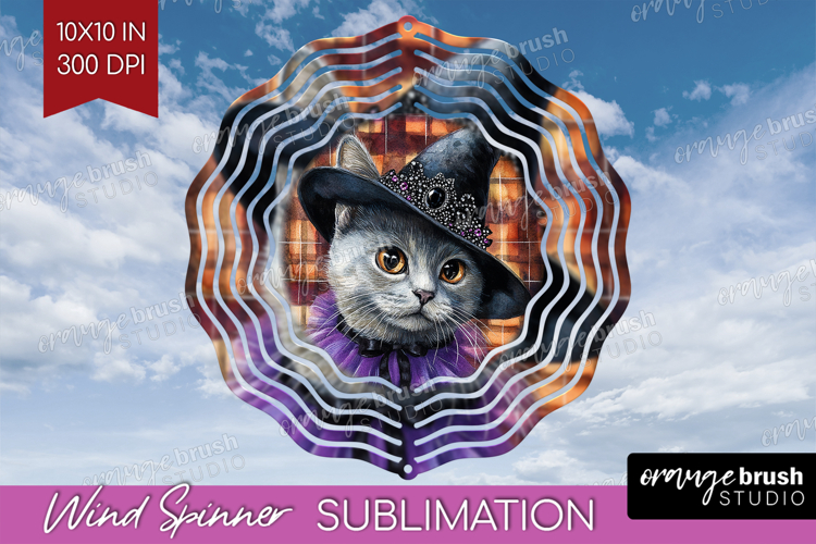 Halloween Cat Wind Spinner Sublimation PNG - Witch Hat Round