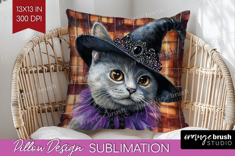 Halloween Cat Pillow Sublimation - Witch Hat Pillow Cover