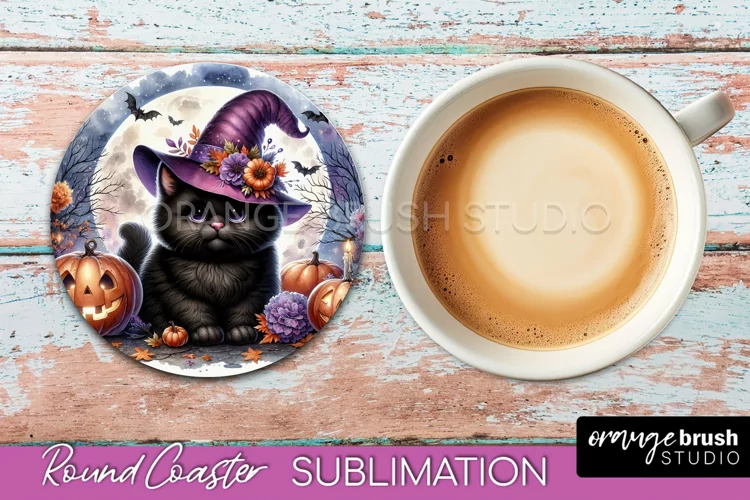 Halloween Black Cat Round Coaster, Cute Halloween Coaster