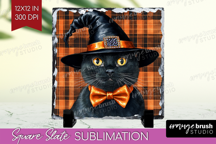 Halloween Cat Slate PNG - Witch Hat Square Slate Sublimation
