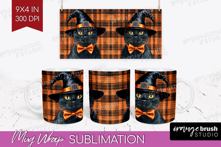 Halloween Cat Mug Wrap - Witch Hat Mug PNG Sublimation