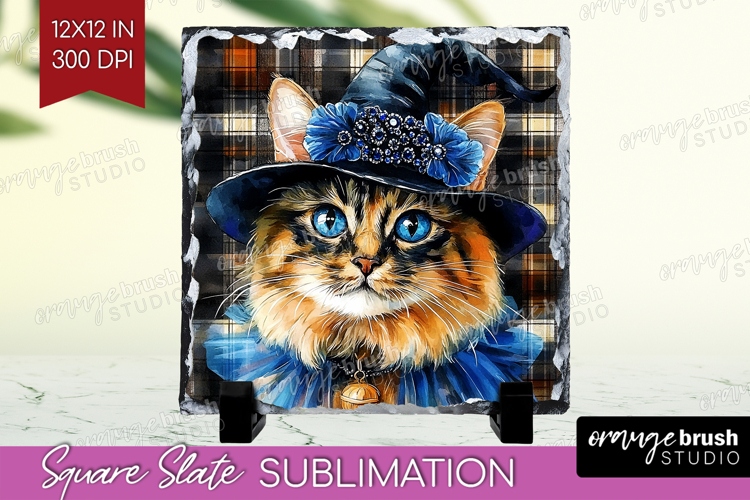 Halloween Cat Slate PNG - Witch Hat Square Slate Sublimation