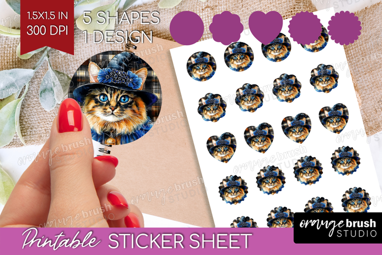 Halloween Cat Round Sticker - Witch Hat Printable Sticker