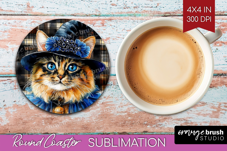Halloween Cat Round Coaster - Witch Hat Coaster PNG