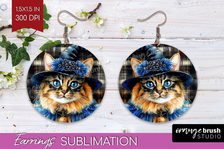 Halloween Cat Round Earrings - Witch Hat PNG Sublimation