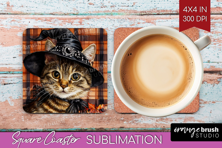Halloween Cat Square Coaster - Witch Hat Coaster PNG