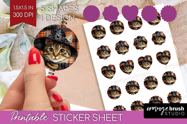 Halloween Cat Round Sticker - Witch Hat Printable Sticker