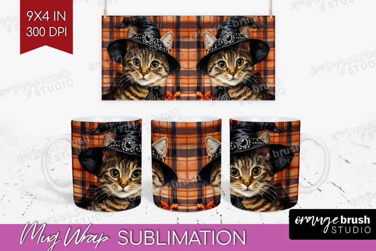 Halloween Cat Mug Wrap - Witch Hat Mug PNG Sublimation