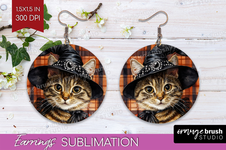 Halloween Cat Round Earrings - Witch Hat PNG Sublimation