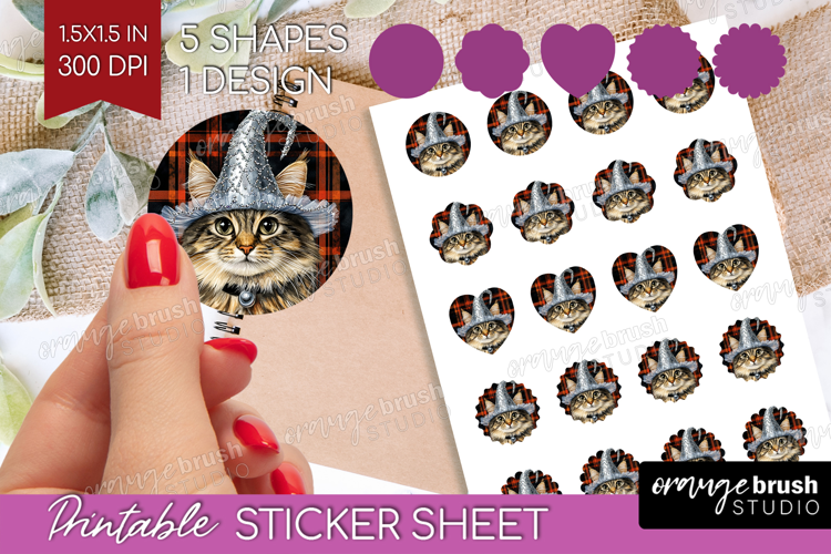Halloween Cat Round Sticker - Witch Hat Printable Sticker