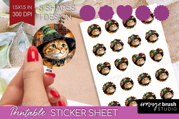 Halloween Cat Round Sticker - Witch Hat Printable Sticker