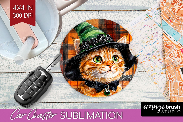 Halloween Cat Car Coaster - Witch Hat Coaster PNG
