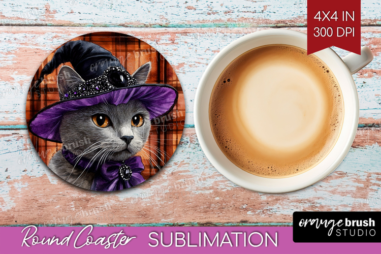 Halloween Cat Round Coaster - Witch Hat Coaster PNG