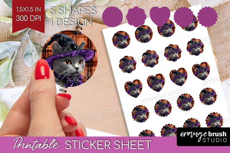 Halloween Cat Round Sticker - Witch Hat Printable Sticker