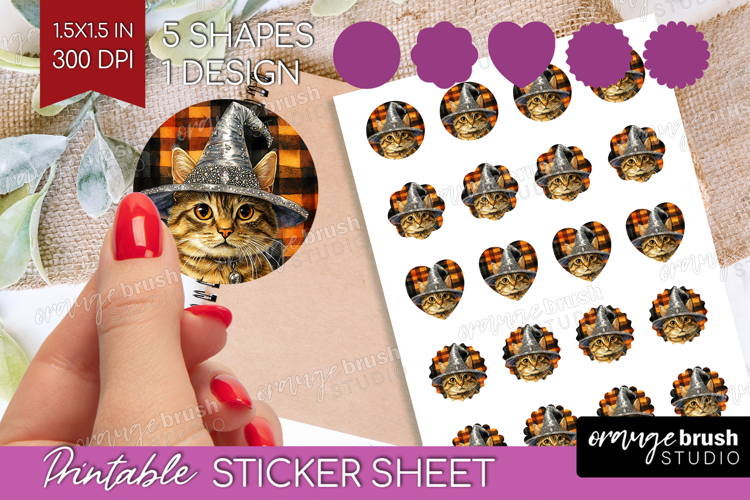 Halloween Cat Round Sticker - Witch Hat Printable Sticker