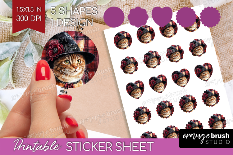 Halloween Cat Round Sticker - Witch Hat Printable Sticker